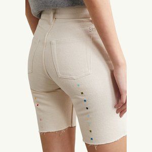 STILL HERE Technicolor frayed embroidered recycled denim shorts